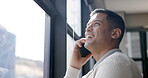 Business man, phone call and talking by window, chatting or speaking in office workplace. Tech, cellphone and happy male on mobile smartphone in discussion with contact or business deal conversation.