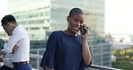 Phone call, communication and black woman at a meeting with a phone for networking, discussion and planning on a balcony. Talking, smile and employee with a mobile conversation during a work strategy