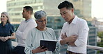 Rooftop, business people and tablet planning for corporate ideas, data analytics and online strategy with city background. Diversity team, office balcony and digital technology for work collaboration