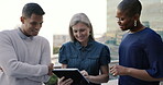 Business people, teamwork and tablet in city balcony for company strategy, kpi review and digital marketing communication. Diversity, collaboration and corporate employee group with technology app