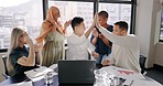 Diversity, team and high five for collaboration, marketing campaign success or online schedule in modern office. Teamwork, multiracial and hand gesture for achievement, happiness, business or talking