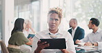 Tablet, thinking and business woman in office with problem solving solution and strategy for sales, marketing and employee engagement. Schedule, planning and idea or memory of corporate tech manager