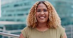 Business, black woman and city portrait while happy with outdoor with vision and pride. Face of entrepreneur person with urban buildings and motivation for career goals as future leader with a smile