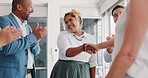Business people, handshake and welcome applause in office for business woman in b2b deal. Partnership, shaking hands and team hands in support of thank you, success and motivation in celebration