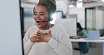 Business people, success and employees celebrate bonus, achievement and target goal while reading notification on computer in CRM and sales office. Men and women dancing and happy about win at work