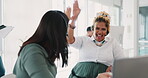 Business women, high five or success on call center computer or laptop in b2b sales, telemarketing winner or customer support help. Smile, happy or teamwork receptionists on technology crm consulting