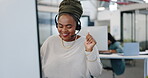 Call center, celebration and woman on computer business sales, telemarketing success and target or survey results of african worker. Office, telecom and winner employee in website support excellence