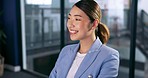 Asian woman, thinking and smile working on computer in business office, happy for success or corporate achievement. Japan, woman and employee happiness or done with creative planning on work desk pc