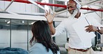 Dance, music and headphones, senior black man at work with energy and positive mindset, happiness and motivation in the workplace. Dancing, radio and fun in workspace, excited for work or retirement.