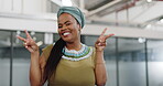 Peace hands, happy black woman and face for success, motivation and pride in african culture, office building and Ghana. Portrait of female worker, winner and victory sign, emoji and fun celebration