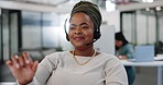 Crm, call center and black woman on a telemarketing call end feeling happy about customer service. Internet, web help and contact us marketing consultation of a consultant agent with communication