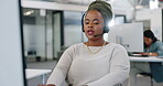 Call center, customer service and consulting with a black woman talking using a headset in her sales office. Computer, contact and crm with a female employee working in telemarketing for retail