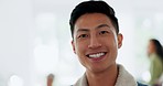 Asian man, happy portrait and businessman smile in a startup company ready for working. Work vision, success and proud office employee from Japan in a workspace with happiness from ecommerce job 