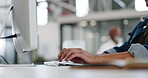 Hands, typing and computer with a business man at work on a report, project or deadline in his office. Data, email and web with a male employee working on a desktop for networking or communication