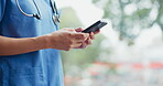 Hands of woman, phone and nurse in hospital for telehealth or online consultation. Healthcare, cellphone and physician with mobile smartphone for research, wellness app or checking medical email.