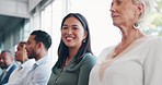 Happy, woman face and office team in business meeting line ready for corporate teamwork and success. Business, employee and marketing agency worker with a proud smile about marketing goals and growth