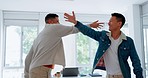 Men, friends and handshake for collaboration, partnership or happy together in modern office. Asian man, Latino male or hand gesture for greeting, fun or celebrate for project or advertising strategy