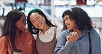 Friends, women portrait and happiness while together at a shopping mall for coffee, reunion and fun with diversity, travel and bonding. Face of different race group holding hands for gratitude