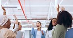 Support, meeting and business women with hands for motivation, corporate teamwork and success. Team building, partnership and employees with solidarity, trust and smile for work collaboration