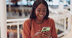 Black woman, laughing or phone in shopping retail mall on social media, fashion sales website or clothing app. Smile, happy or stylish customer on mobile technology in trendy, luxury or cool store