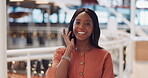 Black woman, happy with face and success in business, employee at modern office in Cape Town and positive mindset. Professional portrait, African and workplace mockup with laughing and work happiness