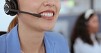Headset, call center or woman talking, office or online help for consulting. Female agent, consultant or girl with microphone, conversation or advice for customer support, workplace or client service