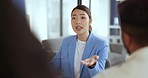 Asian woman, leader and teamwork business meeting, planning corporate strateg or management presentation. Global finance, leadership and business people collaboration or project discussion in office