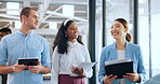 Office, communication and group of business people walking in office. Teamwork, collaboration and man and women with documents and tablet planning strategy, brainstorming ideas or casual conversation