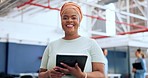 Manager, tablet and portrait of black woman in startup office with smile, leadership and confidence. Management, digital marketing and woman boss at trendy creative design company with happy face.