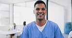 Face, man and happy nurse in hospital, smiling and ready for tasks. Portrait, medical professional and confident, proud and successful male doctor with vision, mission and wellness goals in clinic.