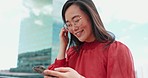 Asian woman, phone and happy typing city for online networking, planning calendar or streaming social media online. Woman, smile and tech manager on smartphone mobile app for lunch break outdoor