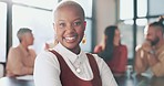 Black woman, face and smile in office, team and meeting in blurred background for success, diversity and goals. Corporate african woman, portrait and happy for leadership, mindset or vision in HR job