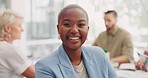 Black woman, face and smile in office with team, vision and leadership at business meeting for budget. African finance executive, portrait and happy leader with dream, goal and motivation in New York