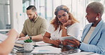 Chart, tablet or business people in a meeting planning kpi, strategy or analytics paperwork for data analysis. Documents, team work or employees in communication or speaking of goals for sales growth