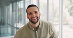 Face, business and black man with smile, office and confident for startup company. African American male, ceo and entrepreneur with happiness, sales growth and laugh for success, innovation or leader