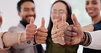 Thumbs up, success and work motivation community of happy office with trust and thank you hand sign. Collaboration growth, diversity and teamwork support of a business team with yes hands gesture