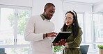 Tablet, manager and digital marketing employee planning seo strategy ideas for startup company website or app. Team work, black man and Japanese woman talking, conversation or speaking of kpi goals