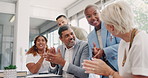 Business people, clapping or success in diversity meeting for marketing teamwork, advertising goals or branding target. Smile, happy or applause for creative designer, men or women in office growth