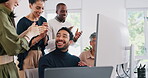 Success, winning and applause, business team at computer with winner men and women celebrate goals and target at startup. Office clapping hands and motivation for job promotion or project achievement