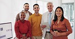 Diversity, business people and smile portrait in office for employee support, corporate motivation and happiness together. Interracial teamwork, staff solidarity and success standing in workplace