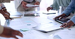 Hands, documents and teamwork of business people planning sales, marketing or advertising strategy in office. Paperwork data, collaboration and group, staff or employees organizing paper at workplace