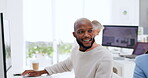 Black man, teamwork and working on computer in office for metor training, designer collaboration and colleagues talking in workplace. African man, creative team and employee conversation with pc