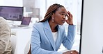 Work, stress and black woman at computer confused by email, glitch or 404 error. Deadline, mistake or burnout, frustrated woman at startup working problem online with anxiety and pressure in a panic.