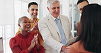 Success, winner and applause with business people and handshake for congratulations, celebration and achievement. Goal, well done and deal with group employee praise for promotion, award and support