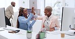 Success, computer and happy employees high five in celebration of sales business deal achievement at office desk. Winner, support or excited black woman celebrates kpi goals or target with a worker