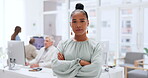 Woman, face or arms crossed in coworking space, modern office for financial planning company. Portrait, finance worker or employee and innovation, vision or future goals for global investment success
