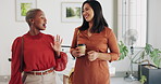 Relax, happy or women on a coffee break at work talking, communication or bonding in a conversation at lunch. Black woman, friends or employees in a discussion or speaking of career goals in office