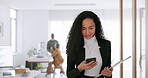 Phone, business and woman in office walking, typing email or internet browsing. Technology, cellphone and female employee with documents and mobile smartphone for social media, networking or texting.