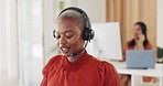 Contact us, call center and crm, black woman at computer in office, customer service agent with headset and smile. Help desk, telemarketing or sales consultant, happy advisory support and consulting.