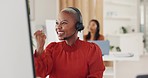 Winner, celebration and call center consultant in the office excited about a sale, job promotion or achievement. Happiness, celebrate and African female telemarketing agent with success in workplace.